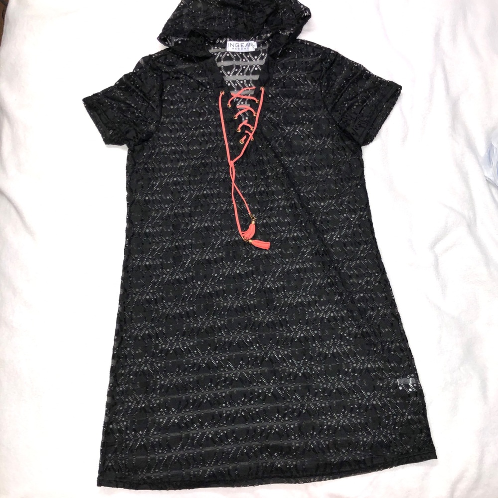 Ingear Resort Sheer Black Eyelet Hooded Cover Up Swim Dress L